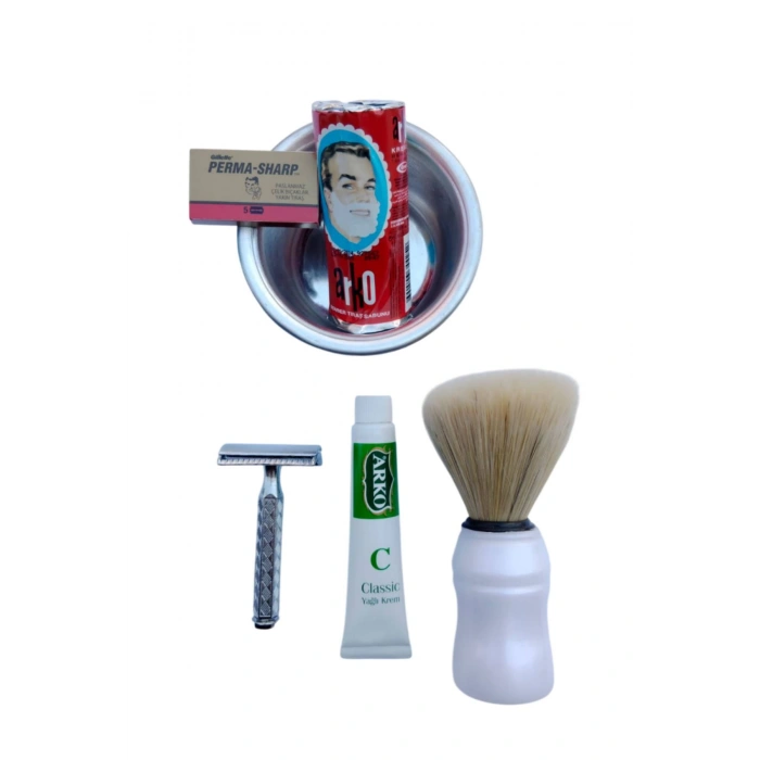 Orak Paslanmaz Krom Tras Makinasi Perma Sharp Yaprak Jilet Arko Tras Berber Sabunu Metal Tras Tasi Sakal Fircasi Arko Nem Klasik cilt besleyici Yagli Krem 20 cc Tras Seti