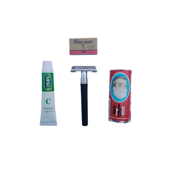 Orak Plastik Sapli Tras Makinasi Perma Sharp Yaprak Jilet Arko Berber Tras Sabunu Arko Nem Klasik cilt besleyici Yagli Krem 20 cc Tras Seti