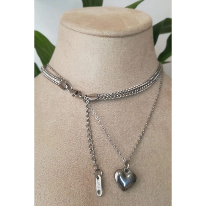 orme cift silver zincirli kalp tasarim gumus renkli kaliteli paslanmaz celik kolye stainless stell