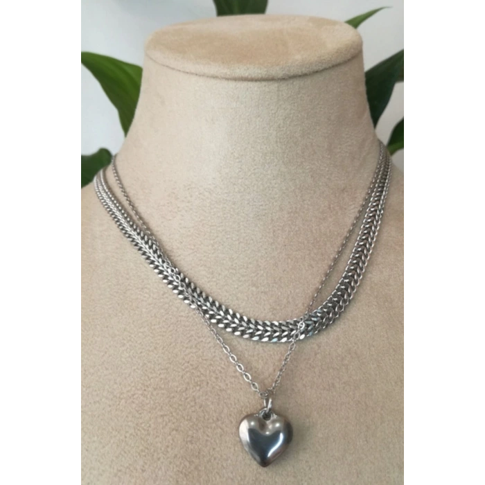 orme cift silver zincirli kalp tasarim gumus renkli kaliteli paslanmaz celik kolye stainless stell