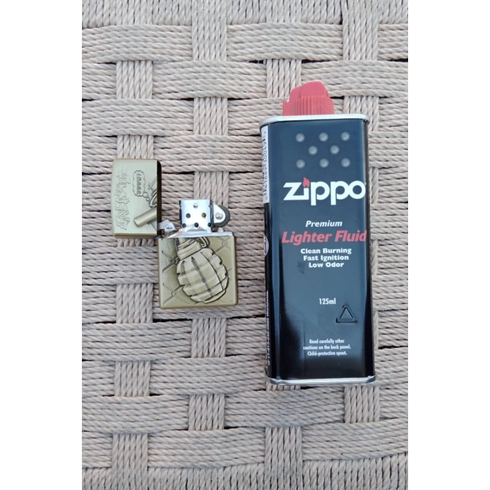 Ozel Tasarim Altin Sarisi Renkli Benzinli Grenade Boom Yazili Kabartmali El Bombasi Desenli premium zippo Cakmak