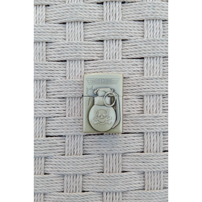 Ozel Tasarim Altin Sarisi Renkli Benzinli Grenade Yazili Kabartmali El Bombasi Desenli premium zippo Cakmak
