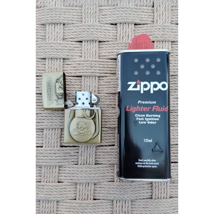 Ozel Tasarim Altin Sarisi Renkli Benzinli Grenade Yazili Kabartmali El Bombasi Desenli premium zippo Cakmak