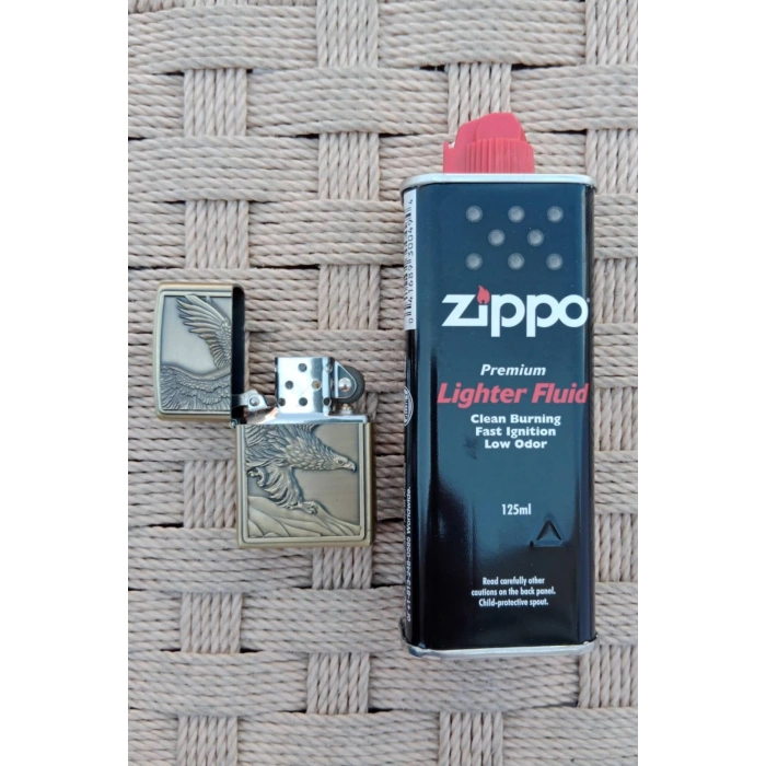 Ozel Tasarim Altin Sarisi Renkli Benzinli Kartal Kabartmali premium zippo Cakmak
