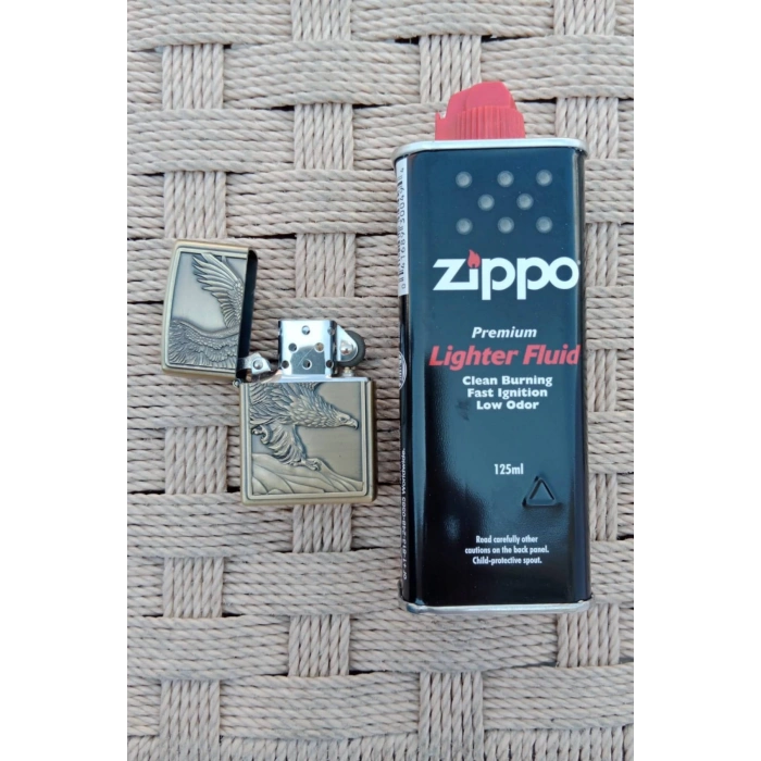 Ozel Tasarim Altin Sarisi Renkli Benzinli Kartal Kabartmali premium zippo Cakmak