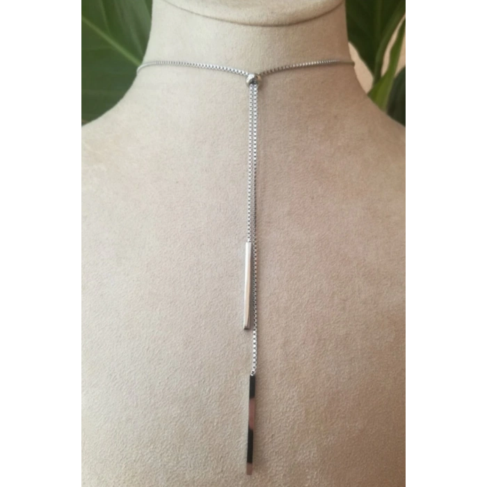 ozel tasarim ince silver zincirli gumus renkli cift sallantili kaliteli paslanmaz celik kolye stainless stell