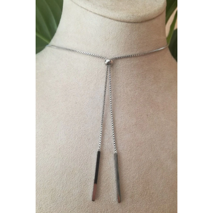 ozel tasarim ince silver zincirli gumus renkli cift sallantili kaliteli paslanmaz celik kolye stainless stell