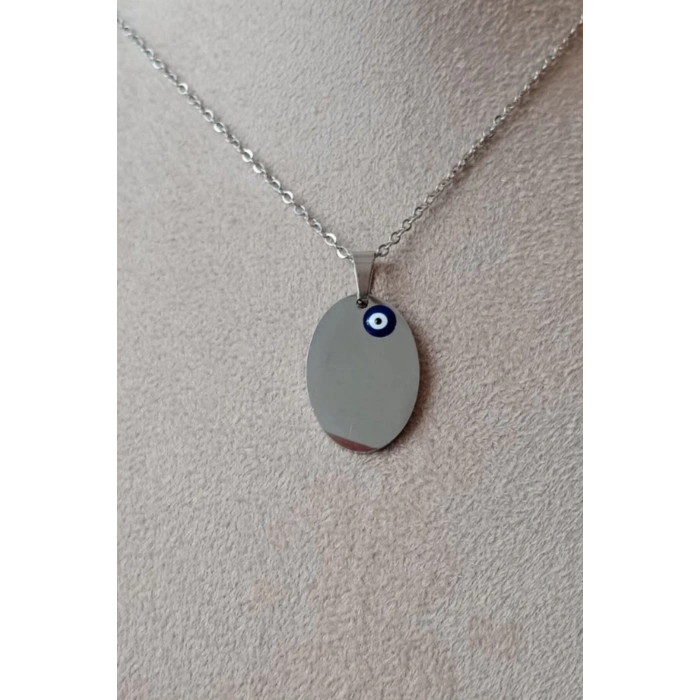 ozel tasarim ince silver zincirli nazar boncuklu gumus renkli kaliteli paslanmaz celik kolye stainless stell