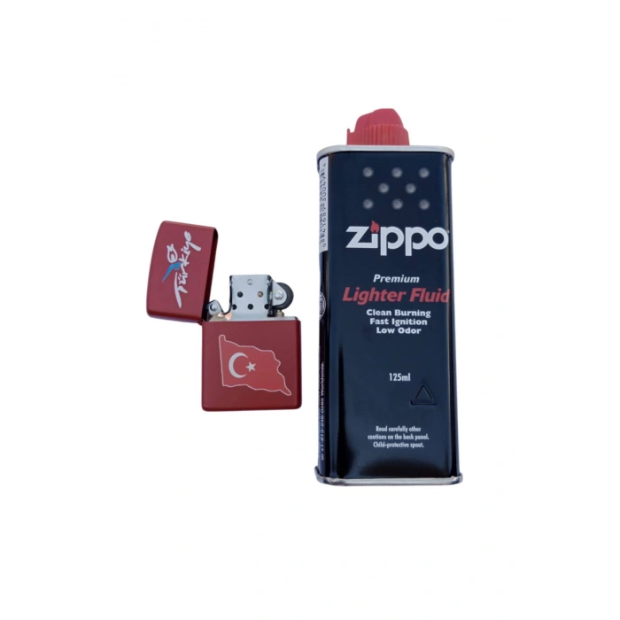 Ozel Tasarim Kirmizi Renkli Benzinli Turkiye Yazili Ayyildiz Bayrakli premium zippo Cakmak