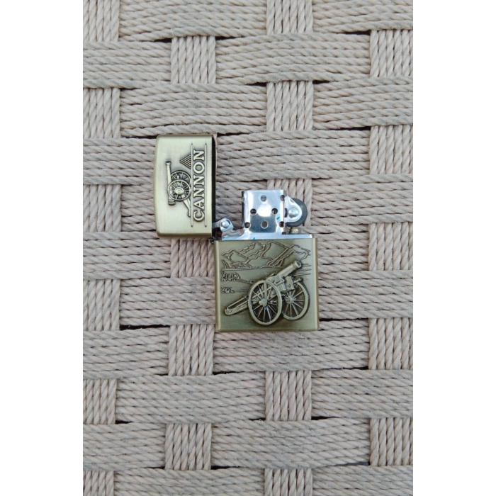 Ozel Tasarim ortacag cannon Topcu silahi Sari renkli yazili kabartmali premium zippo Cakmak