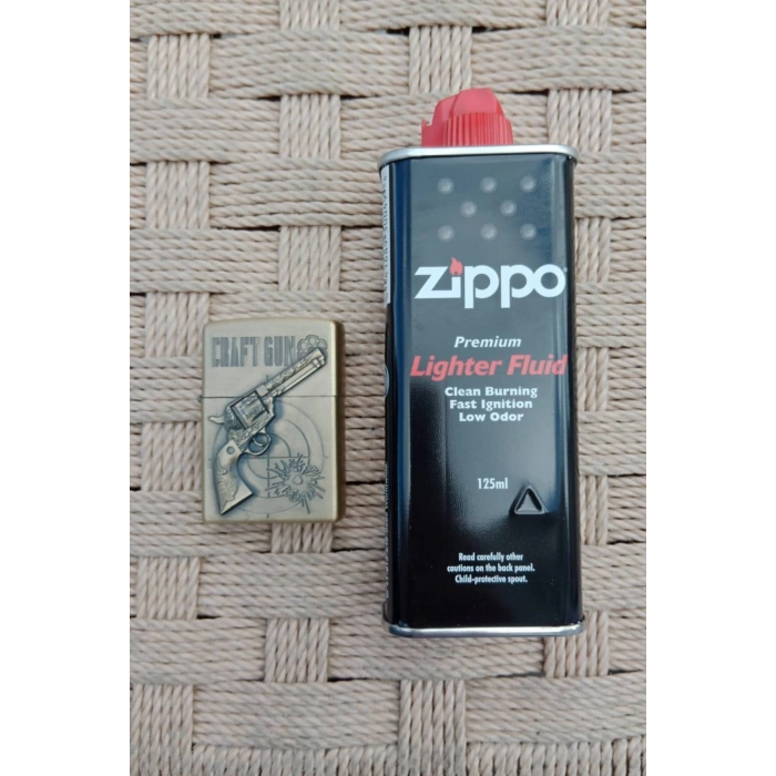 Ozel Tasarim Sari renkli 38 lik Tabanca kabartmali Craft Gun yazili premium zippo Cakmak