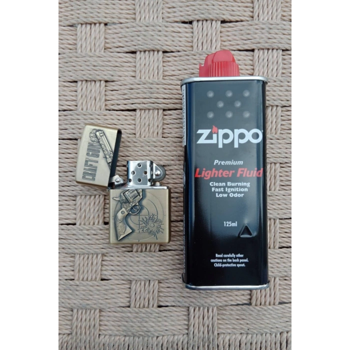 Ozel Tasarim Sari renkli 38 lik Tabanca kabartmali Craft Gun yazili premium zippo Cakmak