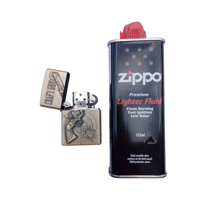 Ozel Tasarim Sari renkli 38 lik Tabanca kabartmali Craft Gun yazili premium zippo Cakmak