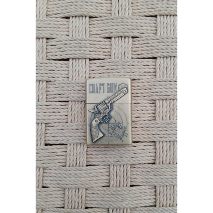 Ozel Tasarim Sari renkli 38 lik Tabanca kabartmali Craft Gun yazili premium zippo Cakmak