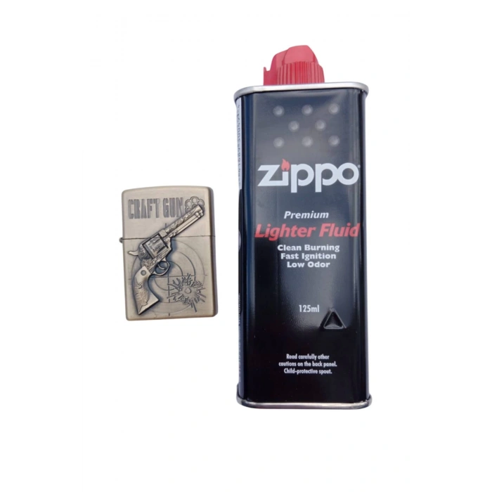 Ozel Tasarim Sari renkli 38 lik Tabanca kabartmali Craft Gun yazili premium zippo Cakmak
