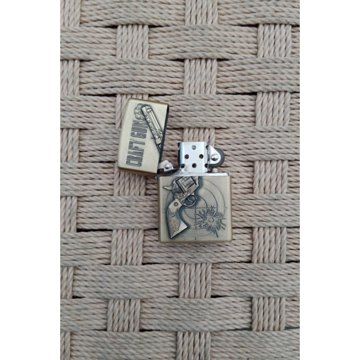 Ozel Tasarim Sari renkli 38 lik Tabanca kabartmali Craft Gun yazili zippo Cakmak