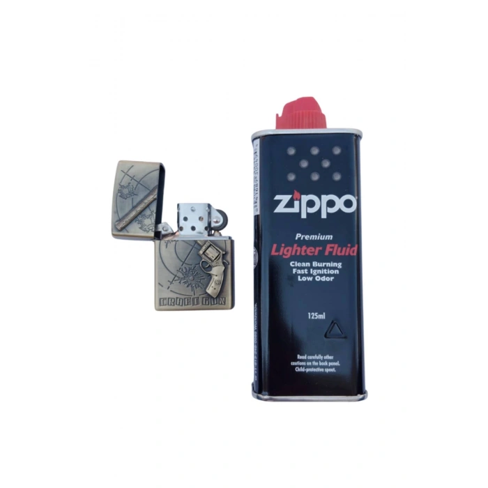 Ozel Tasarim Sari renkli 45 lik Tabanca kabartmali Craft Gun yazili premium zippo Cakmak