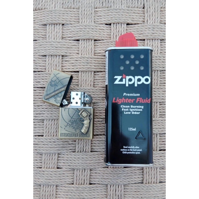 Ozel Tasarim Sari renkli 45 lik Tabanca kabartmali Craft Gun yazili premium zippo Cakmak