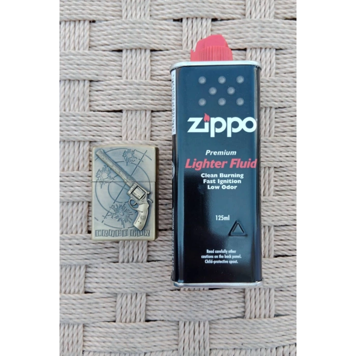 Ozel Tasarim Sari renkli 45 lik Tabanca kabartmali Craft Gun yazili premium zippo Cakmak