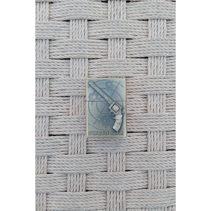 Ozel Tasarim Sari renkli 45 lik Tabanca kabartmali Craft Gun yazili zippo Cakmak