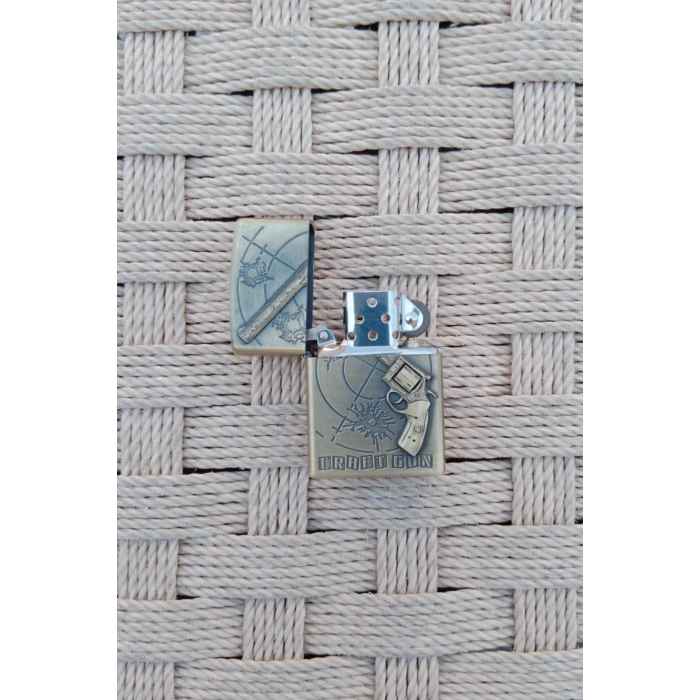 Ozel Tasarim Sari renkli 45 lik Tabanca kabartmali Craft Gun yazili zippo Cakmak