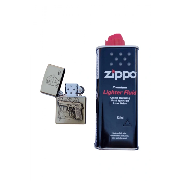 Ozel Tasarim Sari renkli 92F Tabancali asker kabartmali word A gun yazili mermi ve hedef tahtali premium zippo Cakmak