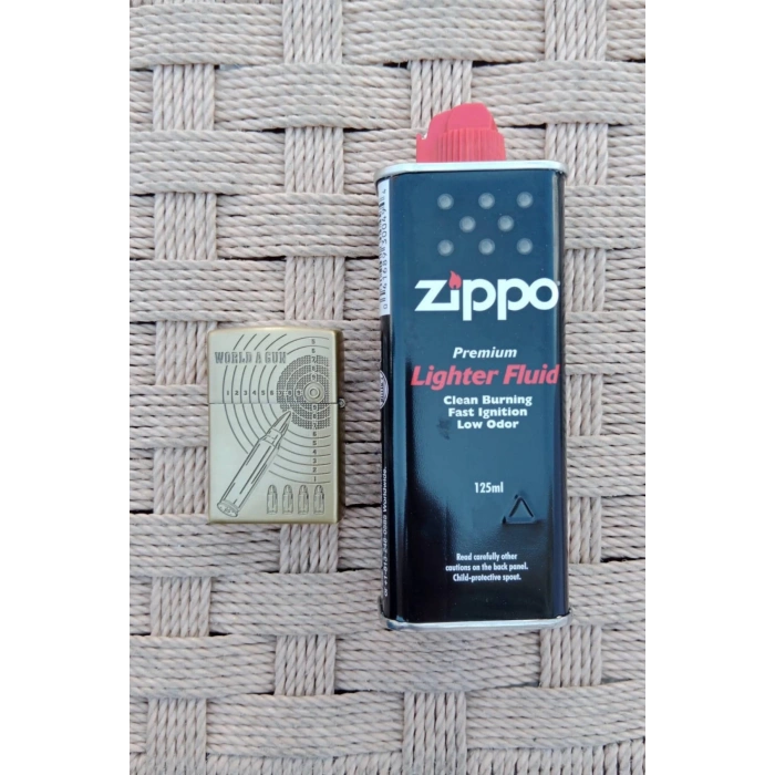 Ozel Tasarim Sari renkli 92F Tabancali asker kabartmali word A gun yazili mermi ve hedef tahtali premium zippo Cakmak