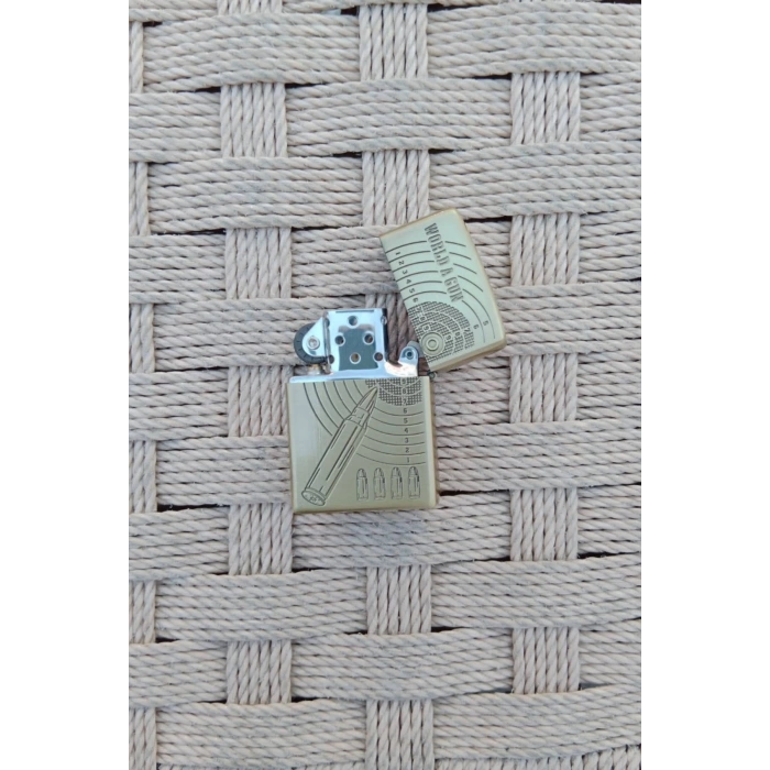 Ozel Tasarim Sari renkli 92F Tabancali asker kabartmali word A gun yazili mermi ve hedef tahtali premium zippo Cakmak