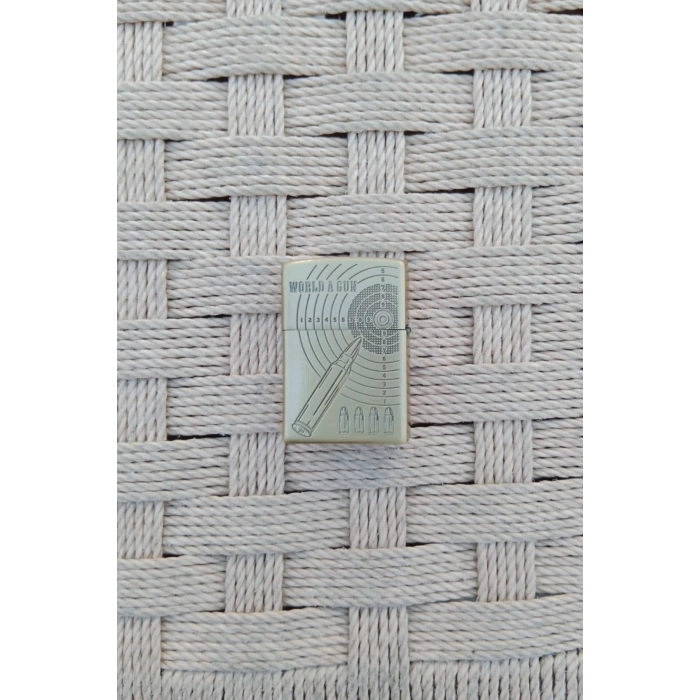 Ozel Tasarim Sari renkli 92F Tabancali asker kabartmali word A gun yazili mermi ve hedef tahtali zippo Cakmak