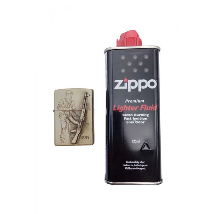 Ozel Tasarim Sari renkli AK-47 Tufekli asker kabartmali premium zippo Cakmak