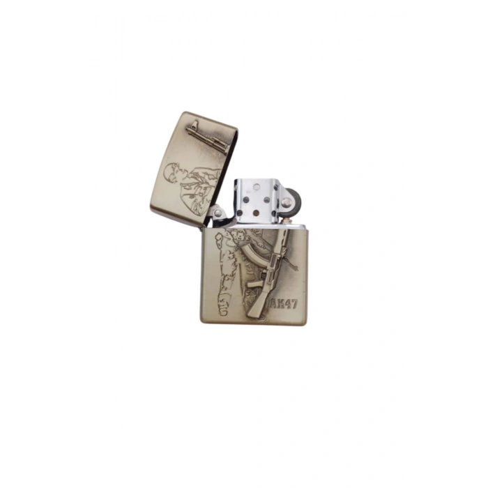 Ozel Tasarim Sari renkli AK-47 Tufekli asker kabartmali premium zippo Cakmak