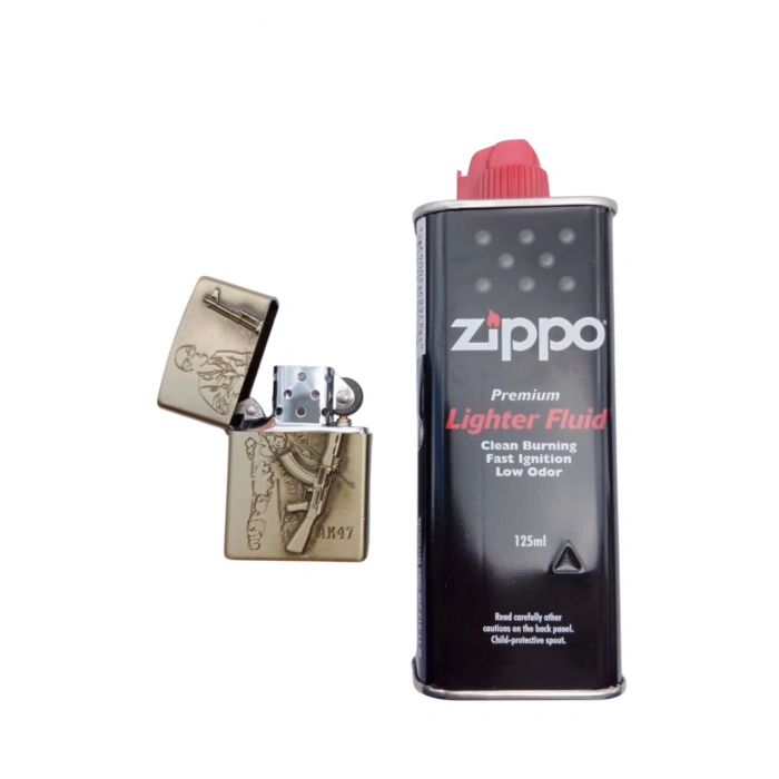 Ozel Tasarim Sari renkli AK-47 Tufekli asker kabartmali premium zippo Cakmak