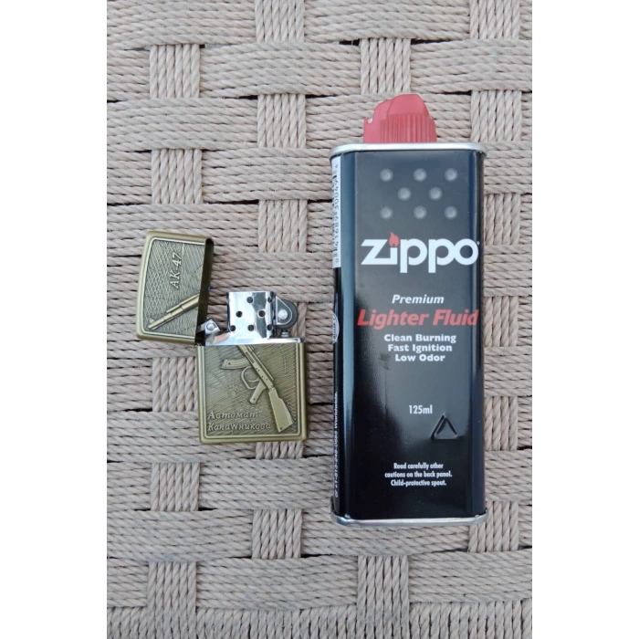 Ozel Tasarim Sari renkli AK-47 Tufekli kabartmali premium zippo Cakmak
