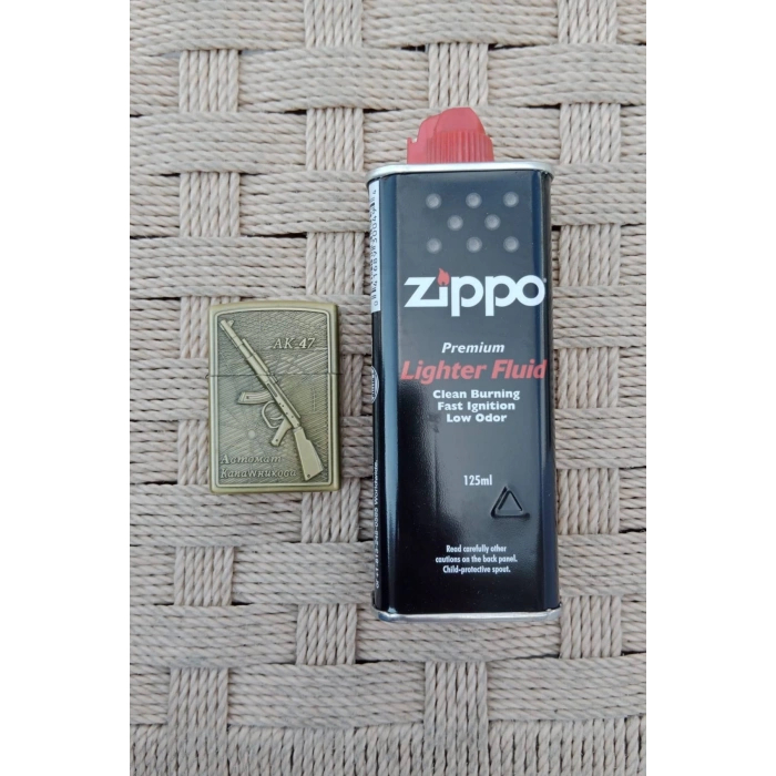 Ozel Tasarim Sari renkli AK-47 Tufekli kabartmali premium zippo Cakmak