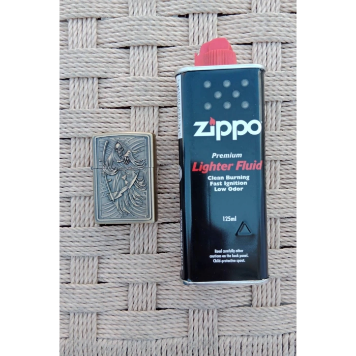 Ozel Tasarim Sari Renkli Benzinli Azrail Kabartmali premium zippo Cakmak