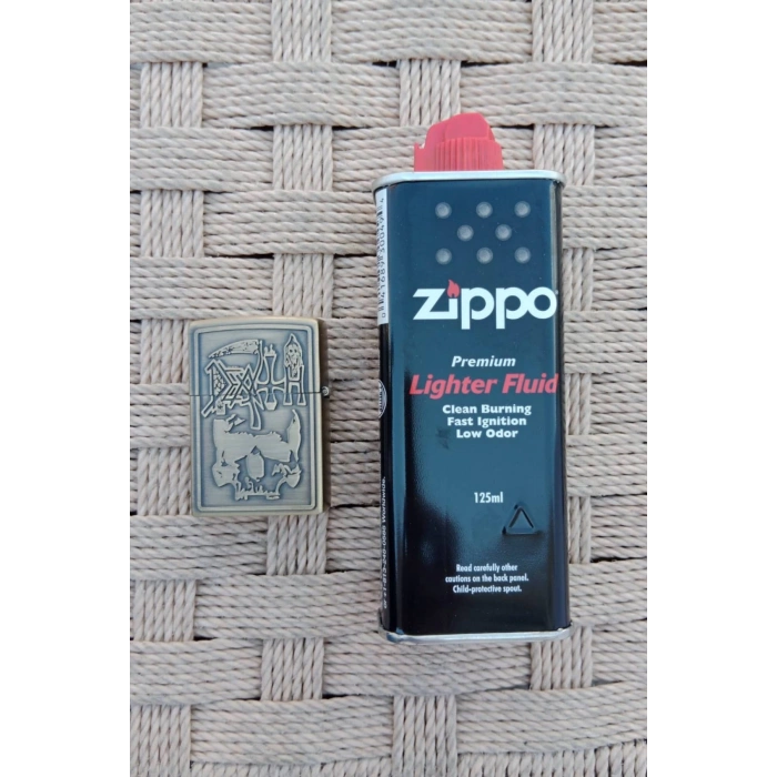 Ozel Tasarim Sari Renkli Benzinli Azrail Kabartmali premium zippo Cakmak