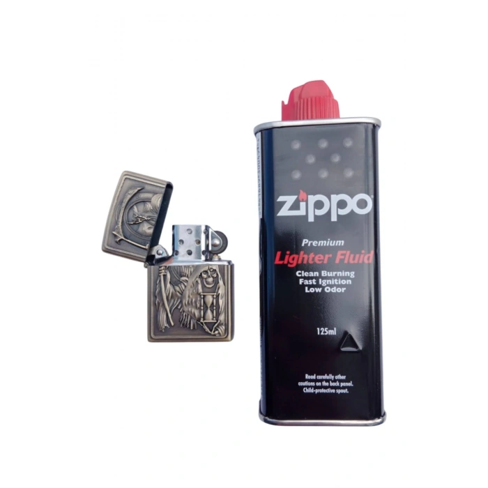 Ozel Tasarim Sari Renkli Benzinli Azrail ve Orak Kabartmali premium zippo Cakmak