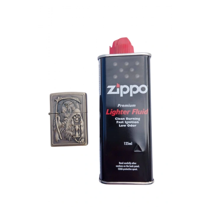 Ozel Tasarim Sari Renkli Benzinli Azrail ve Orak Kabartmali premium zippo Cakmak