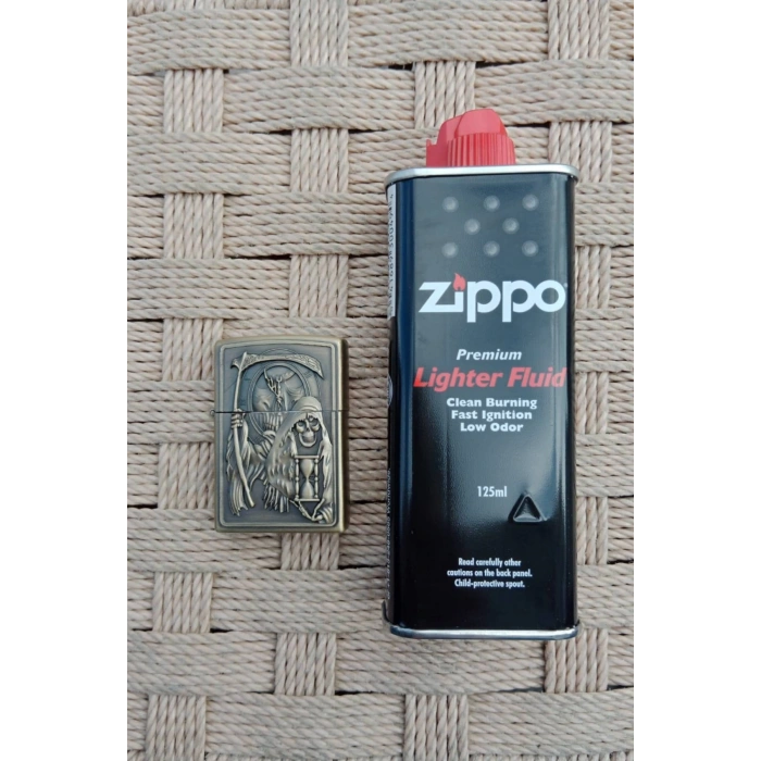 Ozel Tasarim Sari Renkli Benzinli Azrail ve Orak Kabartmali premium zippo Cakmak