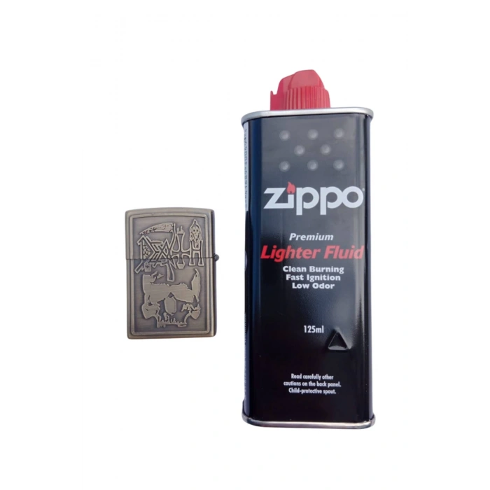 Ozel Tasarim Sari Renkli Benzinli Azrail ve Orak Kabartmali premium zippo Cakmak