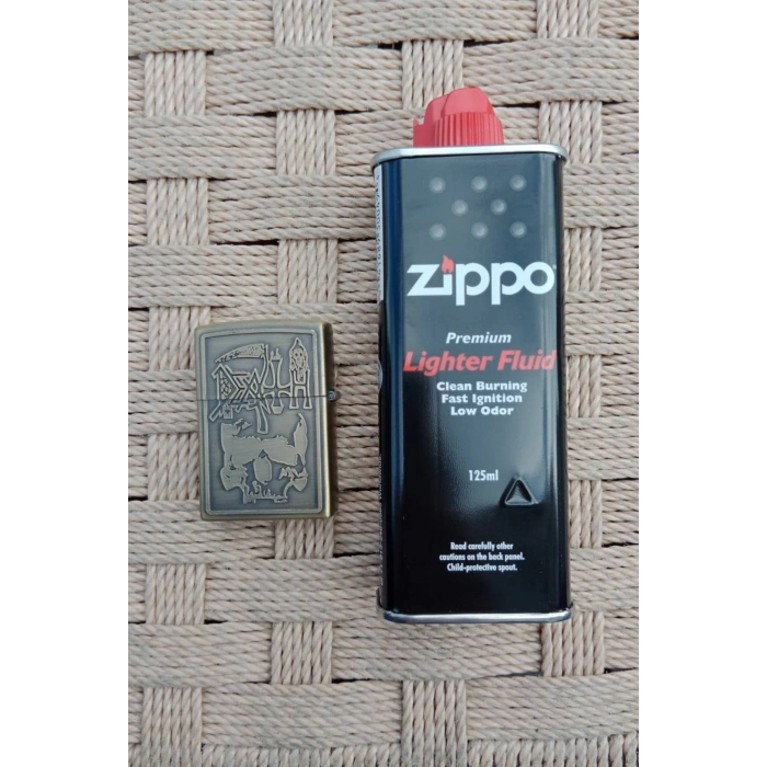 Ozel Tasarim Sari Renkli Benzinli Azrail ve Orak Kabartmali premium zippo Cakmak