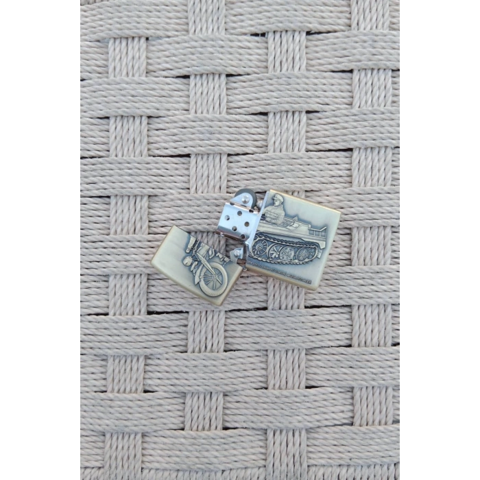 Ozel Tasarim Sari Renkli Benzinli Motorlu Tank Asker Kabartmali premium zippo Cakmak