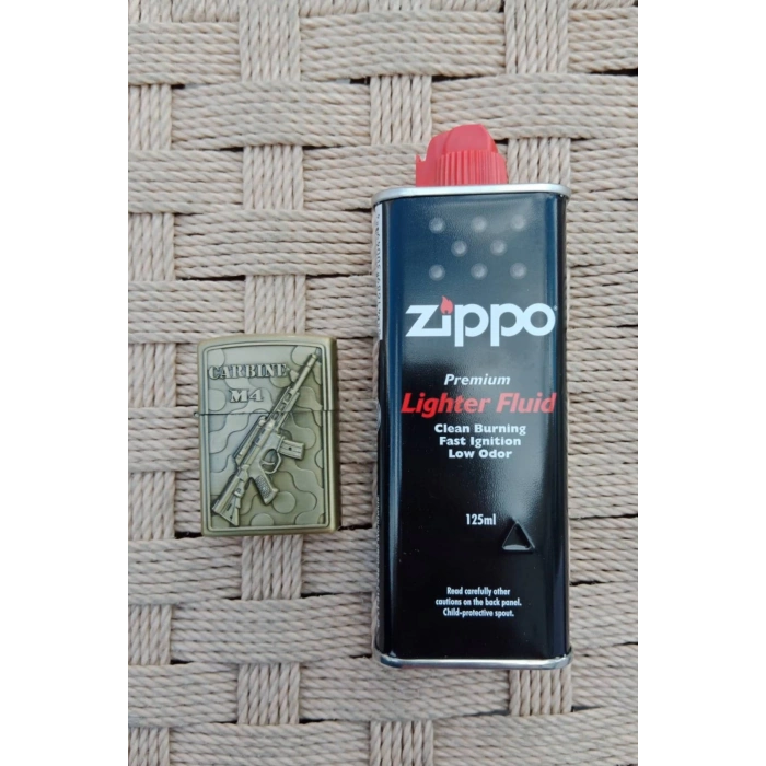 Ozel Tasarim Sari renkli Carbine M4 Makineli Tufek kabartmali premium zippo Cakmak