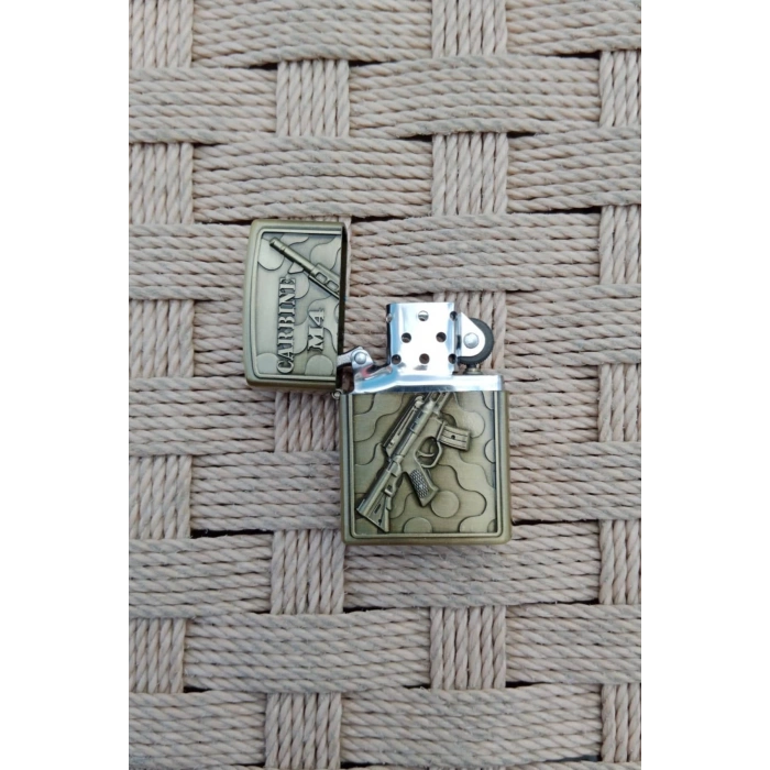 Ozel Tasarim Sari renkli Carbine M4 Makineli Tufek kabartmali premium zippo Cakmak