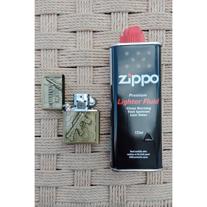 Ozel Tasarim Sari renkli Carbine M4 Makineli Tufek kabartmali premium zippo Cakmak