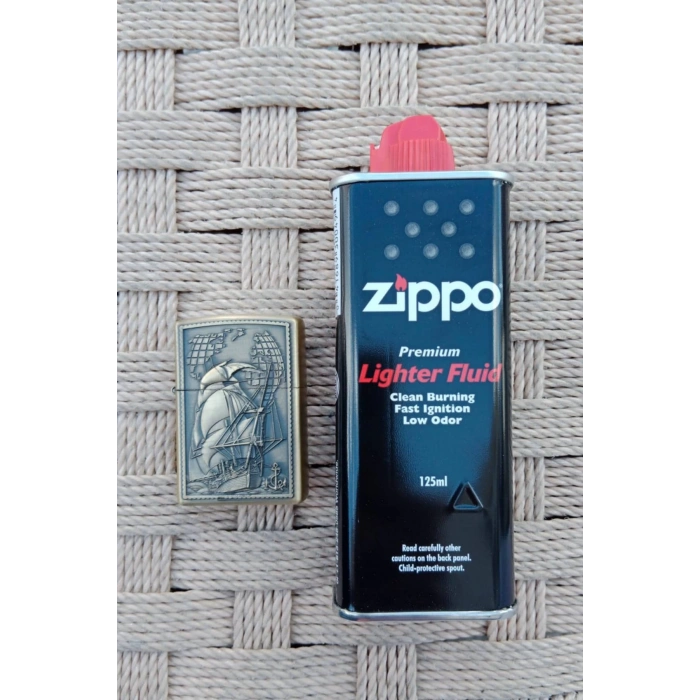 Ozel Tasarim Sari renkli Dunya Haritali Savas Gemili kabartmali premium zippo Cakmak