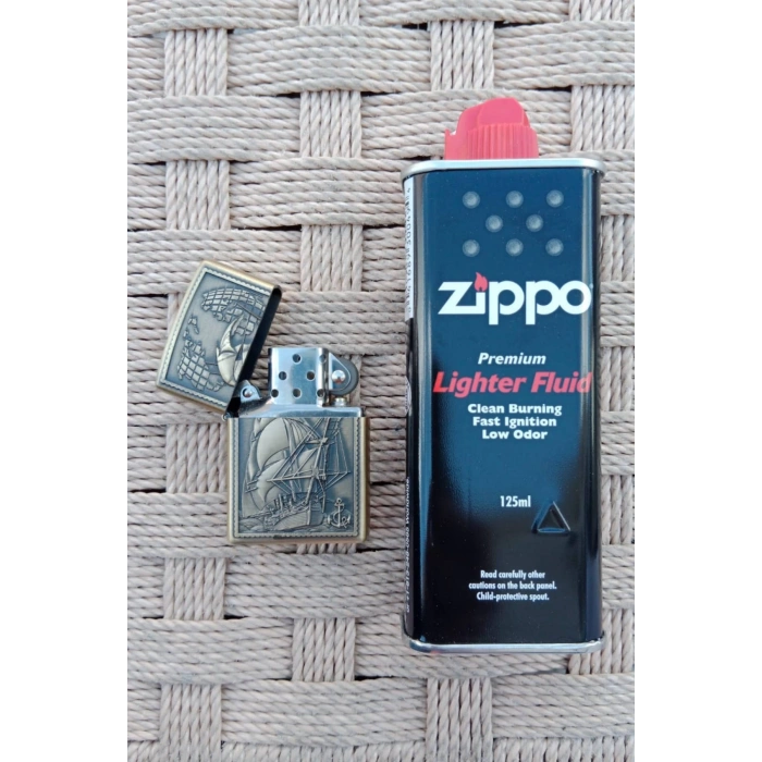 Ozel Tasarim Sari renkli Dunya Haritali Savas Gemili kabartmali premium zippo Cakmak