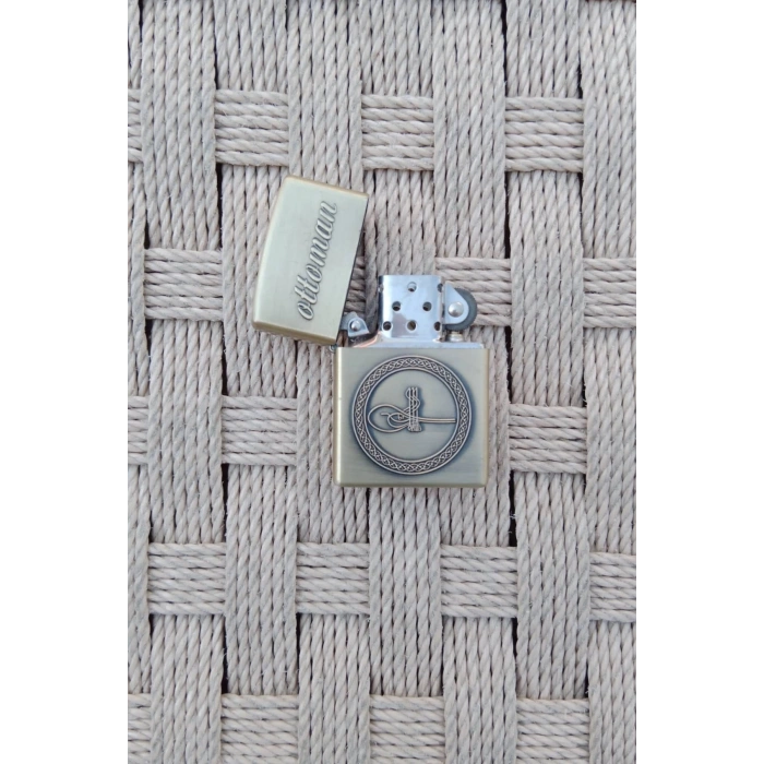 Ozel Tasarim Sari renkli Ottoman Yazili Osmanli Tugra Kabartmali Zippo Cakmak