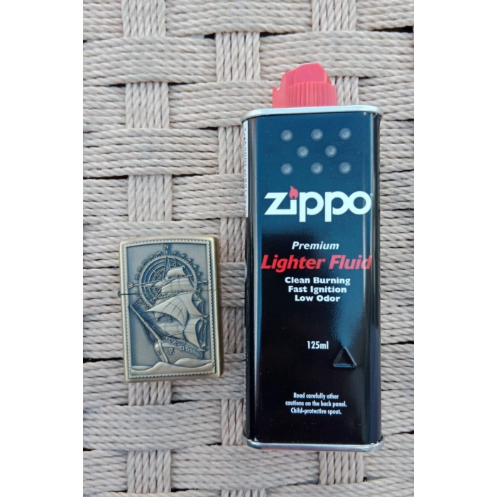 Ozel Tasarim Sari renkli Pusulali Savas Gemili kabartmali premium zippo Cakmak