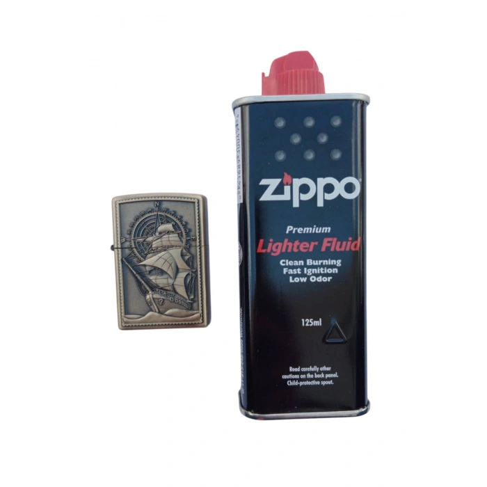 Ozel Tasarim Sari renkli Pusulali Savas Gemili kabartmali premium zippo Cakmak